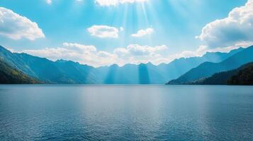 Tranquil lake reflections majestic mountains nature scene bright background serene environment wide viewpoint photo