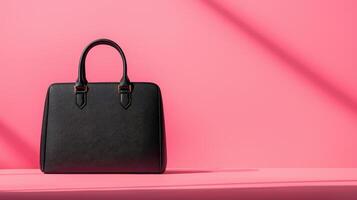 Elegant black handbag against pink background in nature-inspired setting photo