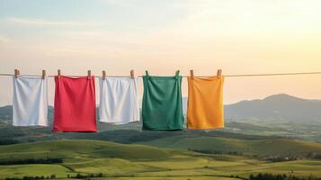 Hanging colorful clothes scenic hills photography nature background photo