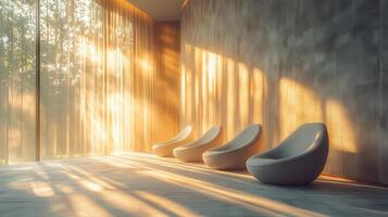 Serene waiting area with nature background modern architecture calm environment photo