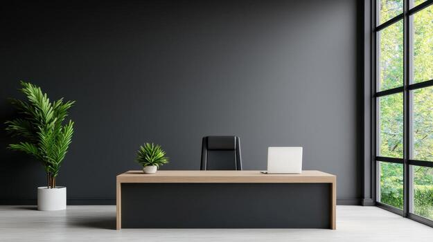 moderno oficina espacio de trabajo con naturaleza antecedentes y minimalista diseño foto