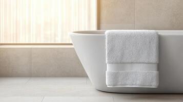 Relaxing bathroom scene with nature background and textured towels photo