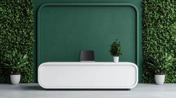 Modern reception desk surrounded by nature background office environment photo