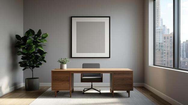 Modern office workspace with nature background urban setting design concept photo