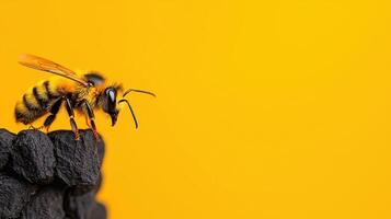 Bee on black rock nature background close-up viewpoint photo