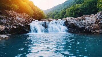 Cascading waterfall in nature background scenic landscape view photo