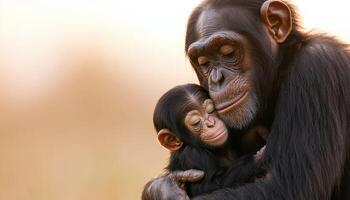 Chimpanzee family embrace in nature's background warm atmosphere photo