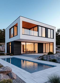 Modern house design with pool nature background outdoor view photo