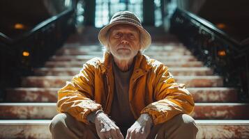 Elderly man reflecting in nature background urban steps portrait calm photo