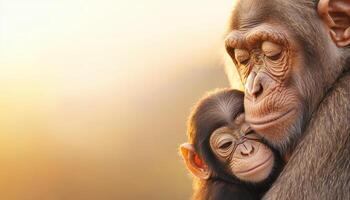 Mother and baby chimpanzees in nature background warm environment photo