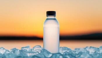 Refreshing water bottle on ice nature background copyspace sunset photo