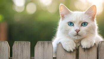 Playful white cat at fence nature background copyspace close-up photo