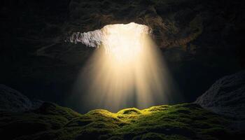 Nature light streams into cave background copyspace for inspiration photo