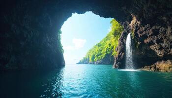 Serene waterfall view tropical cave nature background copyspace photo