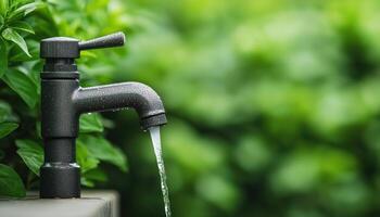 Nature background with water faucet garden copyspace viewpoint photo