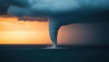 Tornado formation over ocean at sunset nature background with copyspace photo