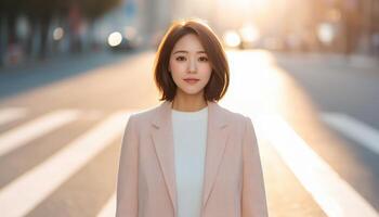 Young woman in nature background urban street portrait warm light copyspace photo