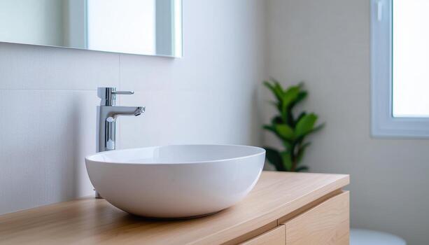 Modern bathroom design with nature background and copyspace photo