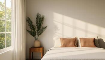 Cozy bedroom with nature background and copyspace for relaxation photo