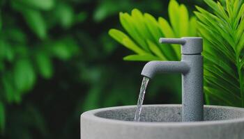 Sleek faucet flowing water in nature background with copyspace photo