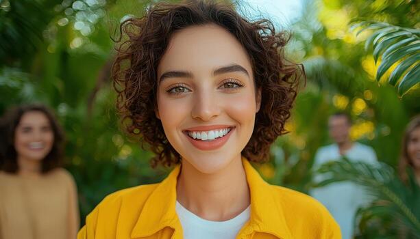 Joyful woman smiling in nature background with copyspace for content creation photo