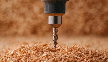 Drilling action on wood shavings workshop nature background copyspace photo