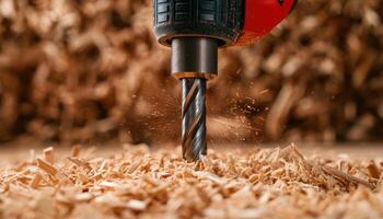 Drilling wood shavings workshop action shot nature background copyspace photo