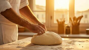 Baking fresh bread kitchen food preparation natural light background nature copyspace photo