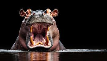 Hippo roaring in water natural background close-up shot with copyspace photo