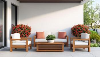Outdoor living space with nature background cozy furniture and copyspace photo
