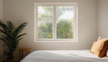 Serene bedroom with nature background and copyspace bright environment photo