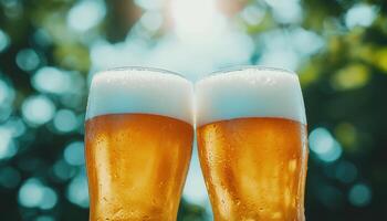 Celebratory cheers with beer glasses outdoor nature background copyspace photo
