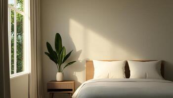 Serene bedroom scene with nature background soft light copyspace photo