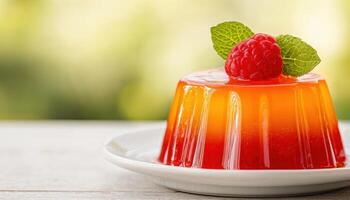 Colorful gelatin dessert in nature background copyspace for text photo