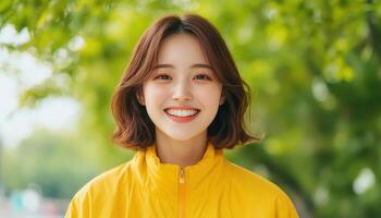 Smiling woman in yellow jacket nature background joyful portrait copyspace photo
