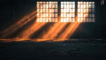 Sunbeam shadows in abandoned warehouse nature background with copyspace photo