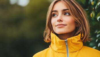 Young woman in yellow jacket nature background copyspace lifestyle photo