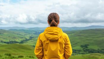 Hiking adventure in nature's background copyspace viewpoint in green landscape photo