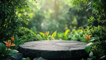 Nature background with greenery and flowers copyspace for text calm forest environment photo