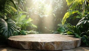 Tranquil nature background with copyspace on stone platform lush green environment jungle view photo