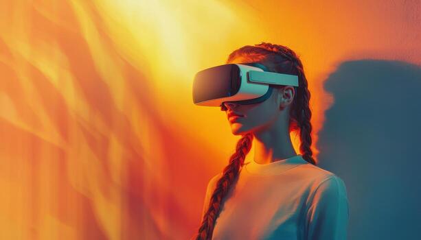 Virtual reality experience in nature vibrant background with copyspace photo