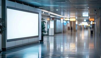 Modern airport hallway with blank billboard nature background copyspace photo