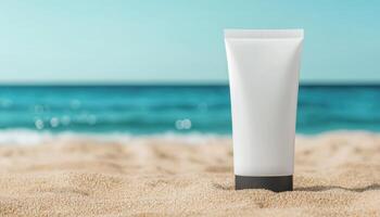 Sun protection cream on sandy beach nature background copyspace for ads photo