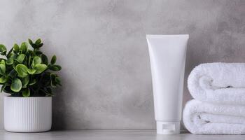 Spa products on gray background nature elements copyspace relaxing environment photo