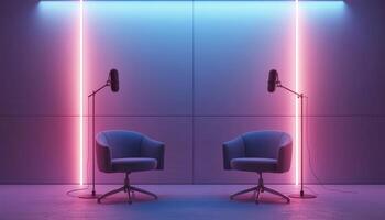 Engaging podcast setup with stylish chairs modern studio copyspace background nature vibes photo