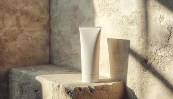 Blank white tube Minimalist beauty product display natural background copyspace photo