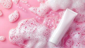 Bubbles and foam bathing experience pink background nature copyspace relaxing atmosphere photo