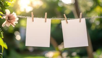 blank papers hanging in the background garden photo