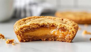 Delicious Half-Eaten Cookie Closeup Kitchen Background Copyspace Sweet Treat Concept photo