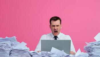 Frustrated Man at Desk Surrounded by Paperwork in Nature Background with Copyspace photo